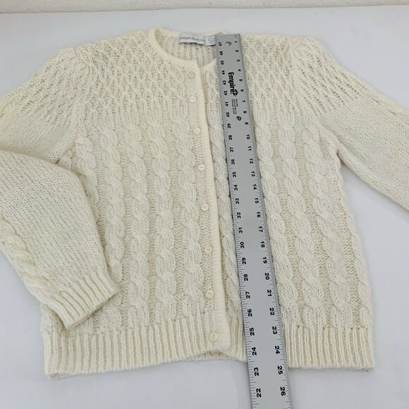 Vintage Chunky Cable Knit Cardigan Sweater White Button Women L Cottage Granny - Picture 5 of 6